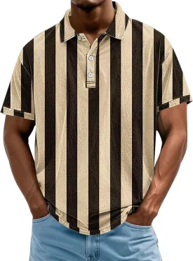Mens Vertical Striped Polo Shirts Summer Color Block Tshirt Plus Size V Neck Tee Short Sleeve Vintage Collar Tops