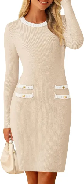 MEROKEETY Women's Long Sleeve Sweater Dress Crew Neck Work Party Vintage Knit Bodycon Short Dresses