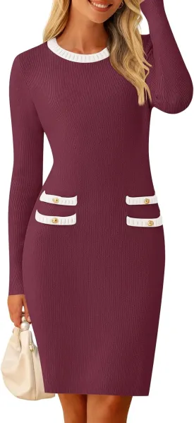 MEROKEETY Women's Long Sleeve Sweater Dress Crew Neck Work Party Vintage Knit Bodycon Short Dresses