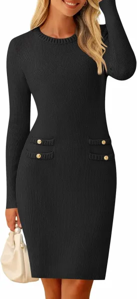 MEROKEETY Women's Long Sleeve Sweater Dress Crew Neck Work Party Vintage Knit Bodycon Short Dresses