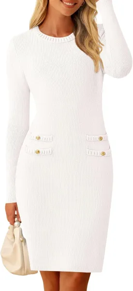 MEROKEETY Women's Long Sleeve Sweater Dress Crew Neck Work Party Vintage Knit Bodycon Short Dresses