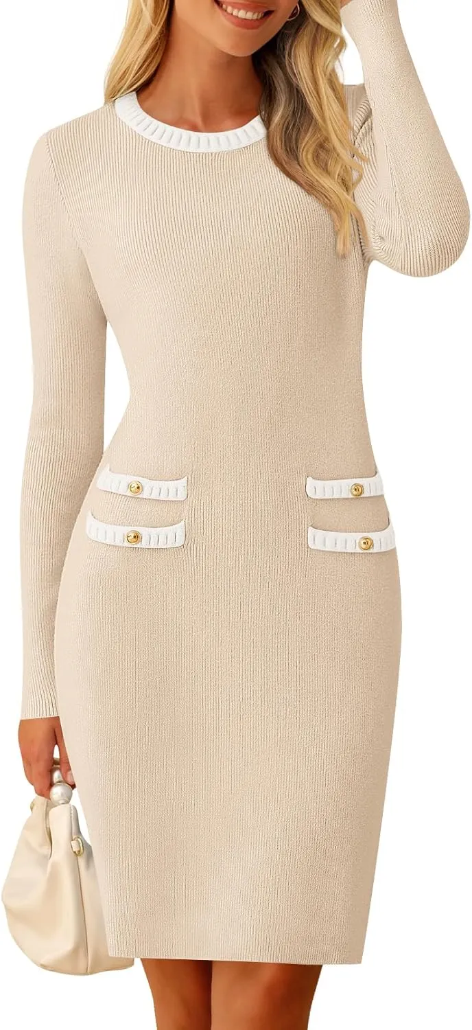 MEROKEETY Women's Long Sleeve Sweater Dress Crew Neck Work Party Vintage Knit Bodycon Short Dresses