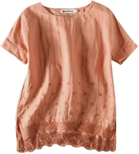 Minibee Women's Summer Linen Tunic Shirt High Low Hem Embroidery Blouse Top