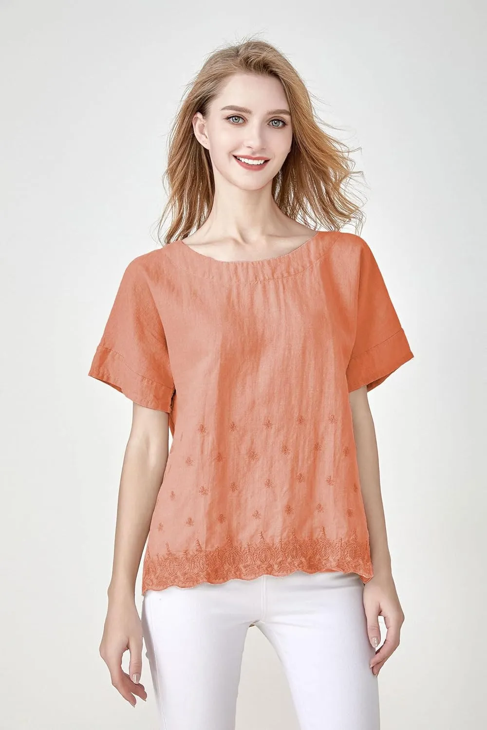 Minibee Women's Summer Linen Tunic Shirt High Low Hem Embroidery Blouse Top