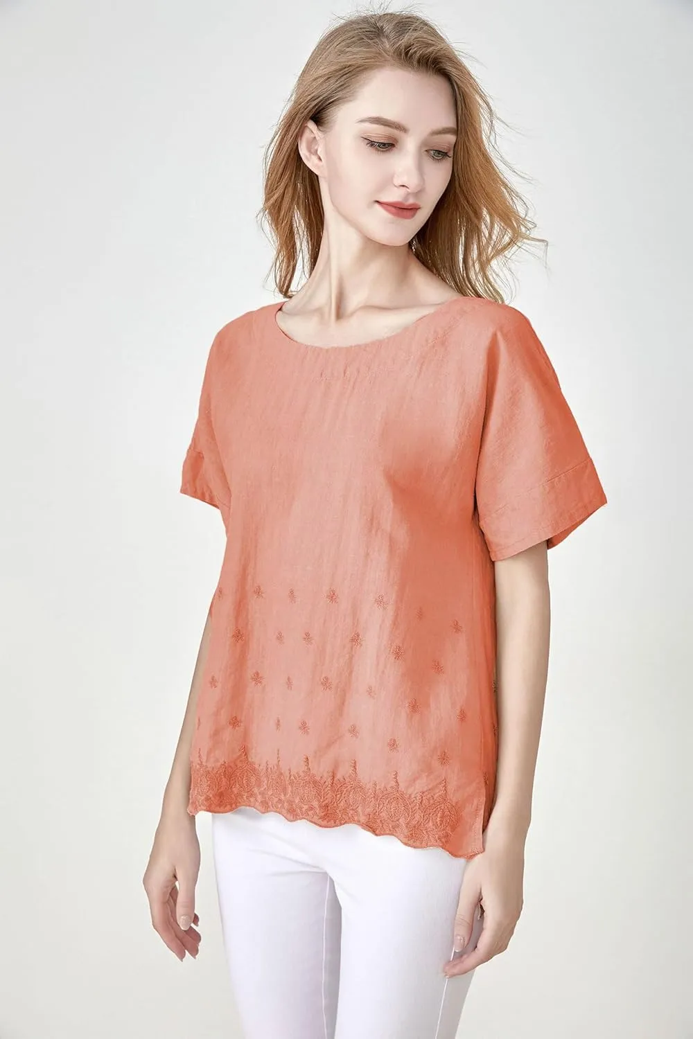 Minibee Women's Summer Linen Tunic Shirt High Low Hem Embroidery Blouse Top