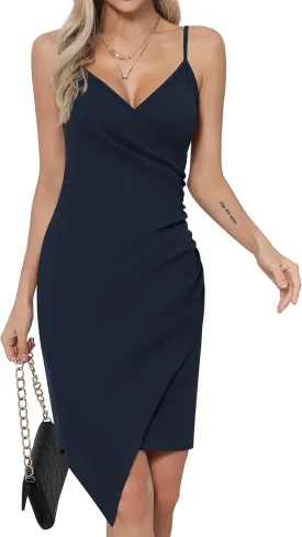 Missufe Women's Wrap V Neck Sleeveless Spaghetti Strap Ruched Bodycon Asymmetrical Party Cami Dress