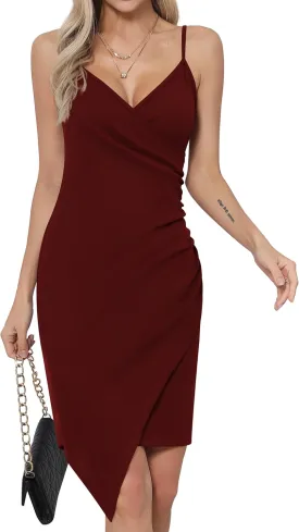 Missufe Women's Wrap V Neck Sleeveless Spaghetti Strap Ruched Bodycon Asymmetrical Party Cami Dress