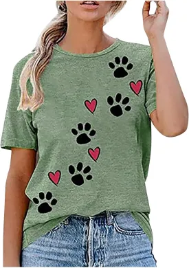 Mzkdieey Cute Dog Paw Print T-Shirts for Women Love Heart Short Sleeve Shirts Dog Lover Tee Dog Mom Tops Summer Casual Blouse