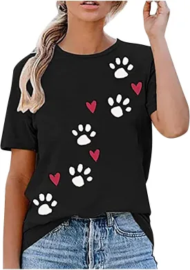Mzkdieey Cute Dog Paw Print T-Shirts for Women Love Heart Short Sleeve Shirts Dog Lover Tee Dog Mom Tops Summer Casual Blouse
