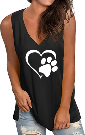 Mzkdieey Women's Dog Paw Love Heart Tank Tops Dog Lover Shirts Cute Dog Mom Tops Summer Casual Sleeveless V Neck T-Shirt
