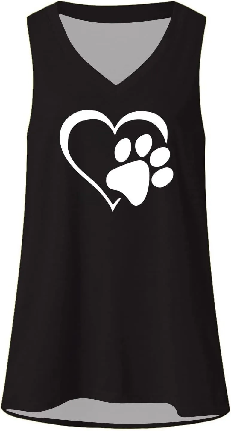 Mzkdieey Women's Dog Paw Love Heart Tank Tops Dog Lover Shirts Cute Dog Mom Tops Summer Casual Sleeveless V Neck T-Shirt