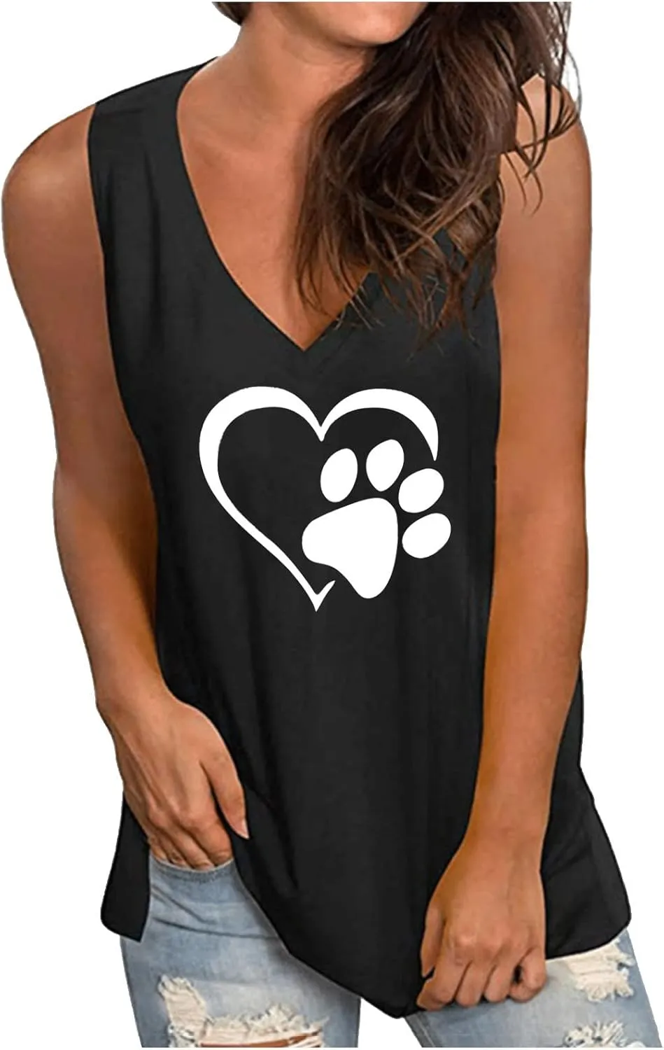 Mzkdieey Women's Dog Paw Love Heart Tank Tops Dog Lover Shirts Cute Dog Mom Tops Summer Casual Sleeveless V Neck T-Shirt