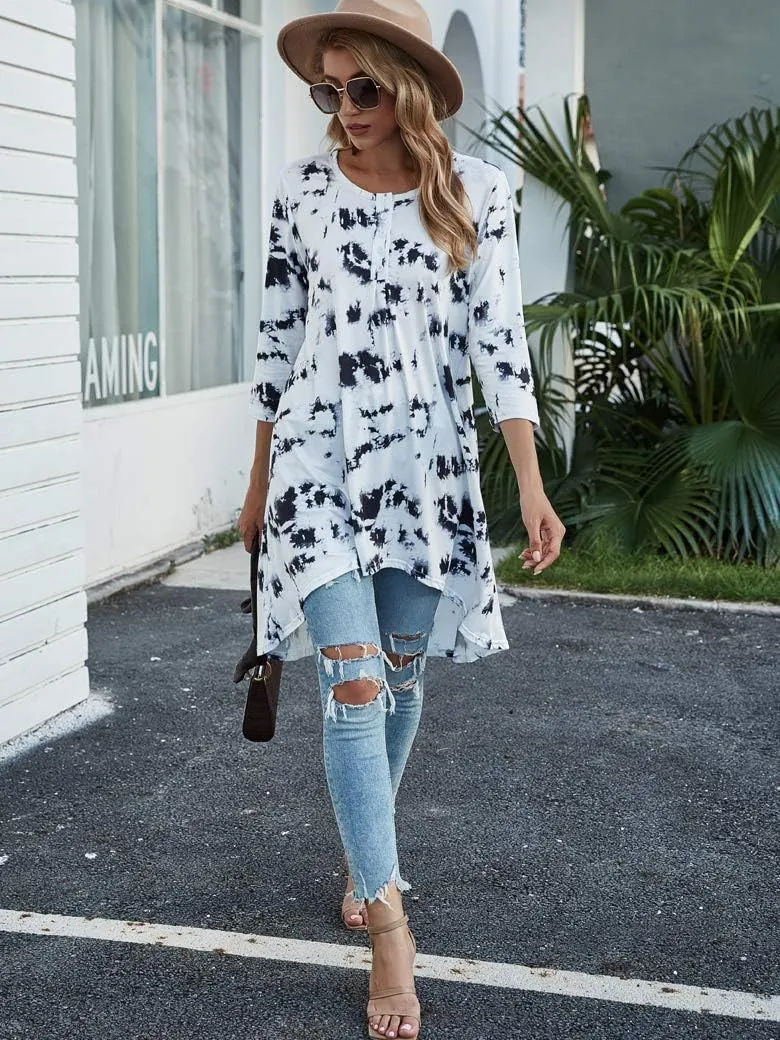Naggoo Women's 3/4 Sleeve Button V Neck High Low Loose Fit Casual Long Tunic Tops Tee Shirts S-3XL