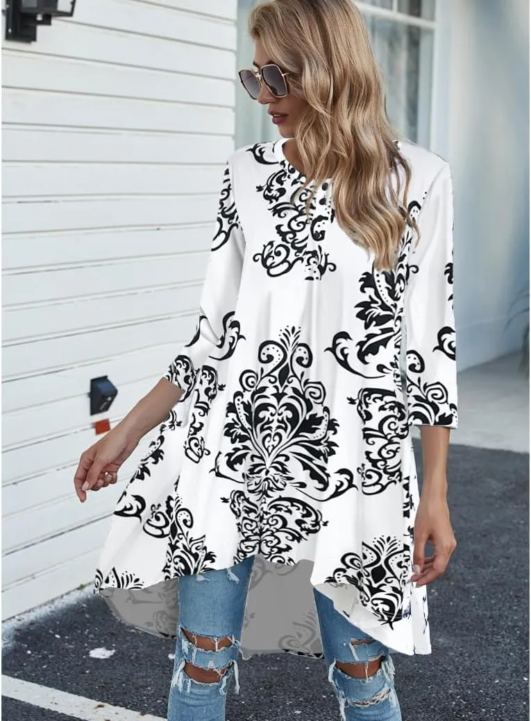 Naggoo Women's 3/4 Sleeve Button V Neck High Low Loose Fit Casual Long Tunic Tops Tee Shirts S-3XL