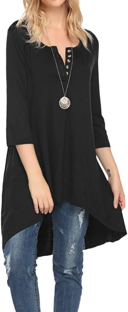 Naggoo Women's 3/4 Sleeve Button V Neck High Low Loose Fit Casual Long Tunic Tops Tee Shirts S-3XL