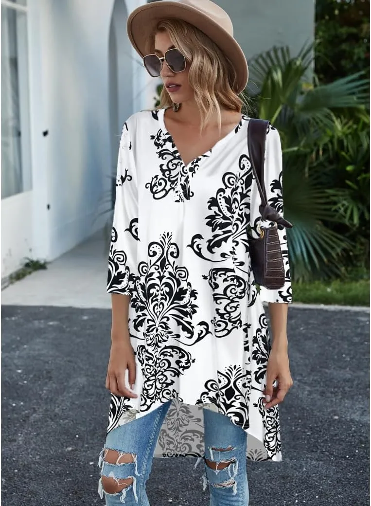 Naggoo Women's 3/4 Sleeve Button V Neck High Low Loose Fit Casual Long Tunic Tops Tee Shirts S-3XL