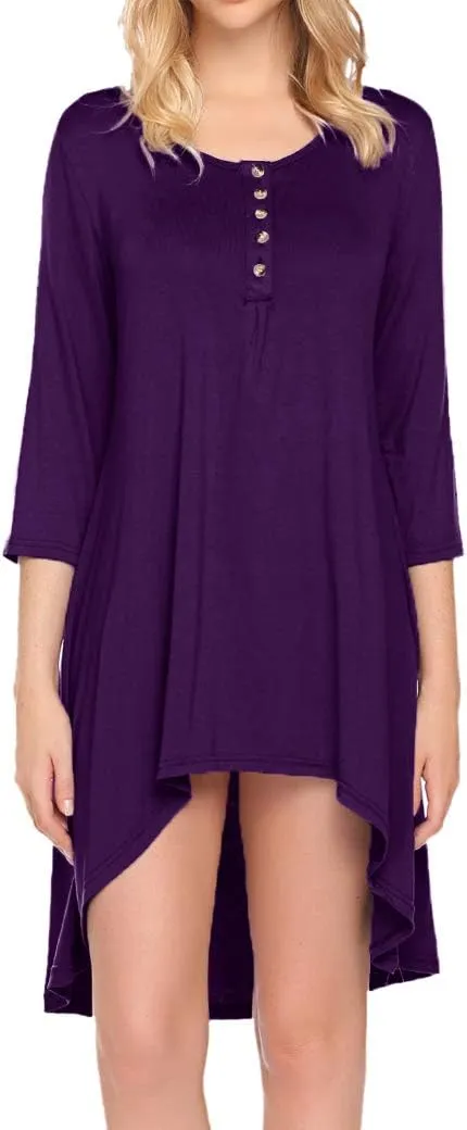 Naggoo Women's 3/4 Sleeve Button V Neck High Low Loose Fit Casual Long Tunic Tops Tee Shirts S-3XL