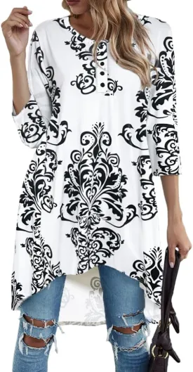 Naggoo Women's 3/4 Sleeve Button V Neck High Low Loose Fit Casual Long Tunic Tops Tee Shirts S-3XL