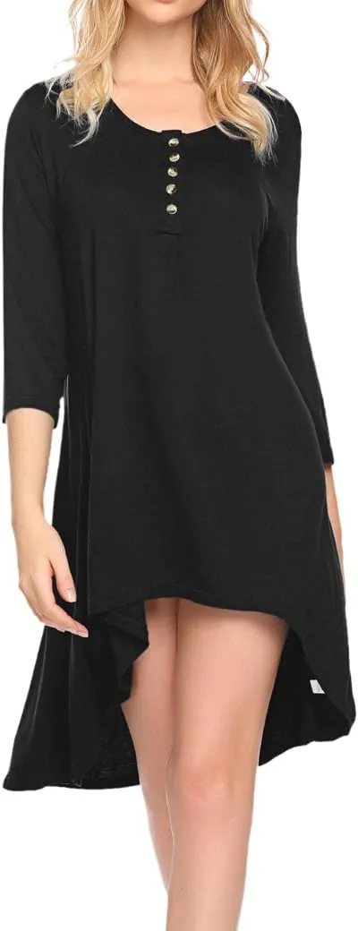 Naggoo Women's 3/4 Sleeve Button V Neck High Low Loose Fit Casual Long Tunic Tops Tee Shirts S-3XL