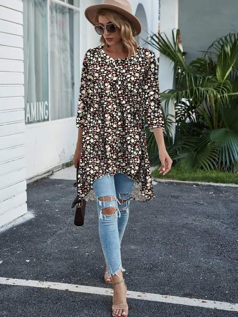Naggoo Women's 3/4 Sleeve Button V Neck High Low Loose Fit Casual Long Tunic Tops Tee Shirts S-3XL