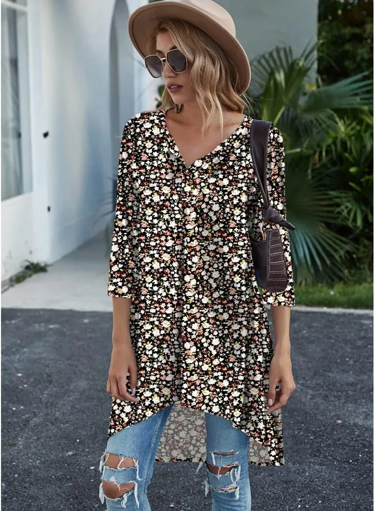 Naggoo Women's 3/4 Sleeve Button V Neck High Low Loose Fit Casual Long Tunic Tops Tee Shirts S-3XL