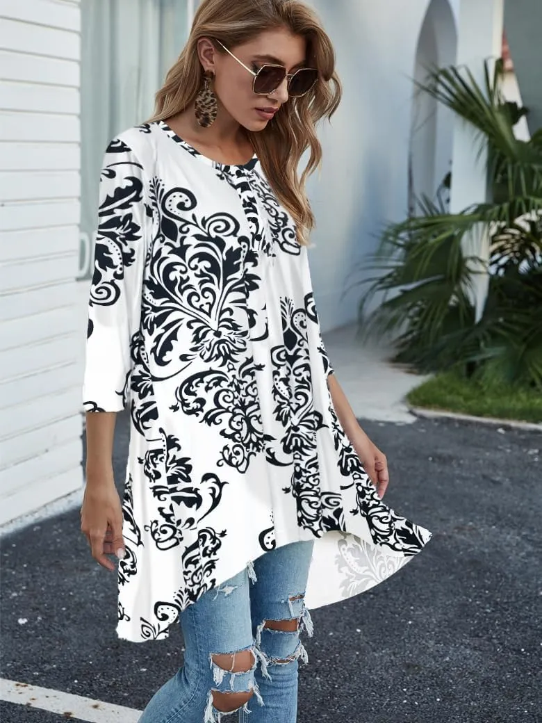 Naggoo Women's 3/4 Sleeve Button V Neck High Low Loose Fit Casual Long Tunic Tops Tee Shirts S-3XL