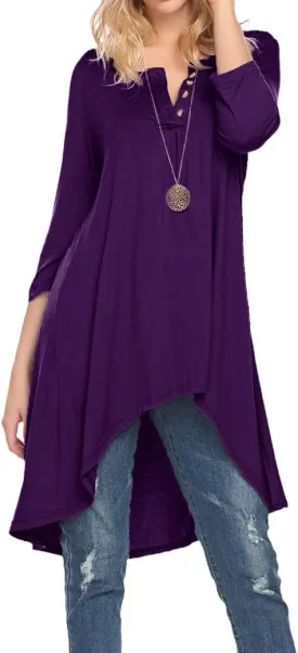 Naggoo Women's 3/4 Sleeve Button V Neck High Low Loose Fit Casual Long Tunic Tops Tee Shirts S-3XL