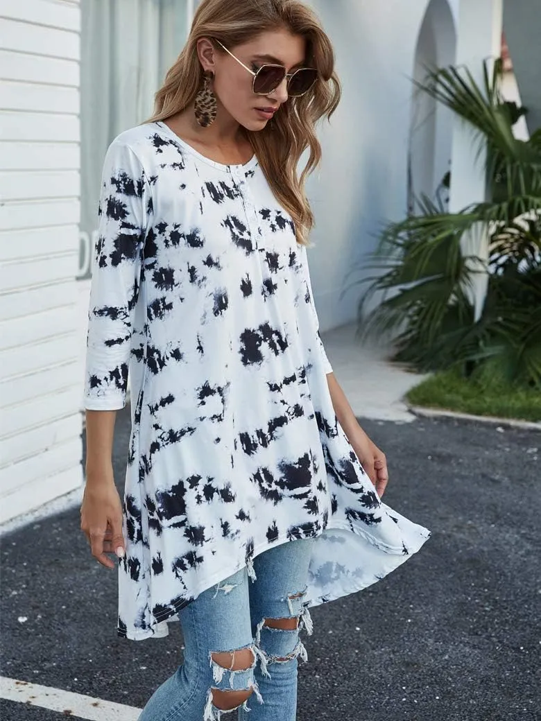 Naggoo Women's 3/4 Sleeve Button V Neck High Low Loose Fit Casual Long Tunic Tops Tee Shirts S-3XL