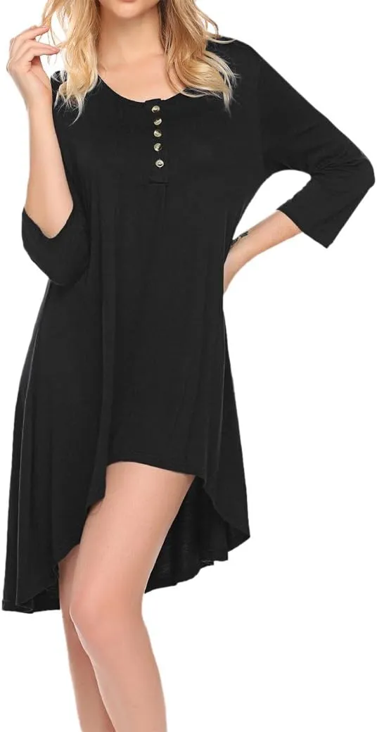 Naggoo Women's 3/4 Sleeve Button V Neck High Low Loose Fit Casual Long Tunic Tops Tee Shirts S-3XL