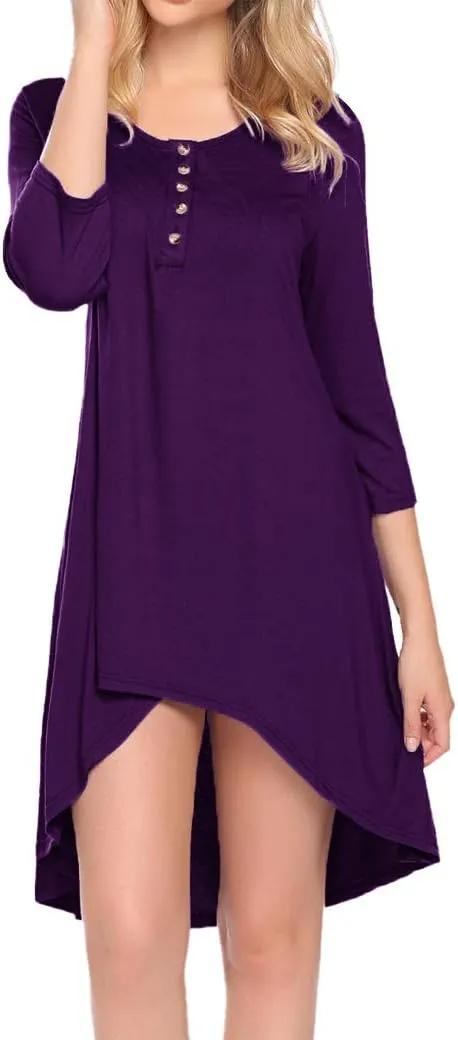 Naggoo Women's 3/4 Sleeve Button V Neck High Low Loose Fit Casual Long Tunic Tops Tee Shirts S-3XL