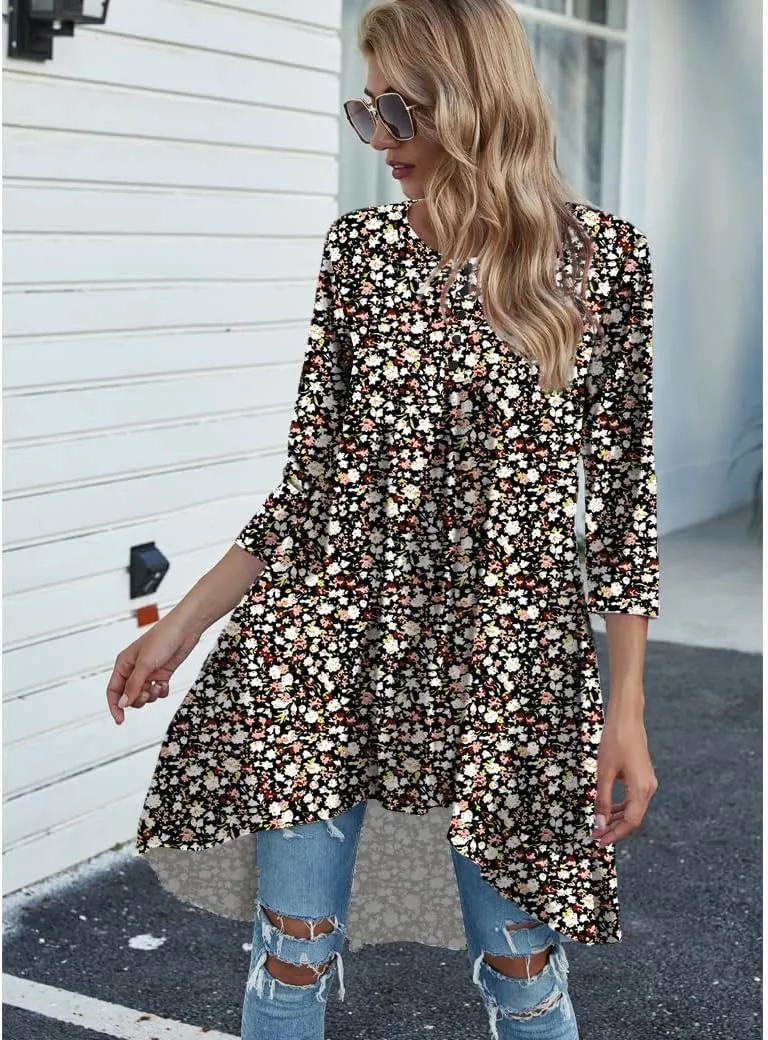 Naggoo Women's 3/4 Sleeve Button V Neck High Low Loose Fit Casual Long Tunic Tops Tee Shirts S-3XL