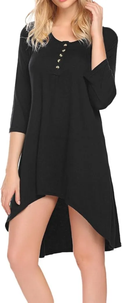 Naggoo Women's 3/4 Sleeve Button V Neck High Low Loose Fit Casual Long Tunic Tops Tee Shirts S-3XL