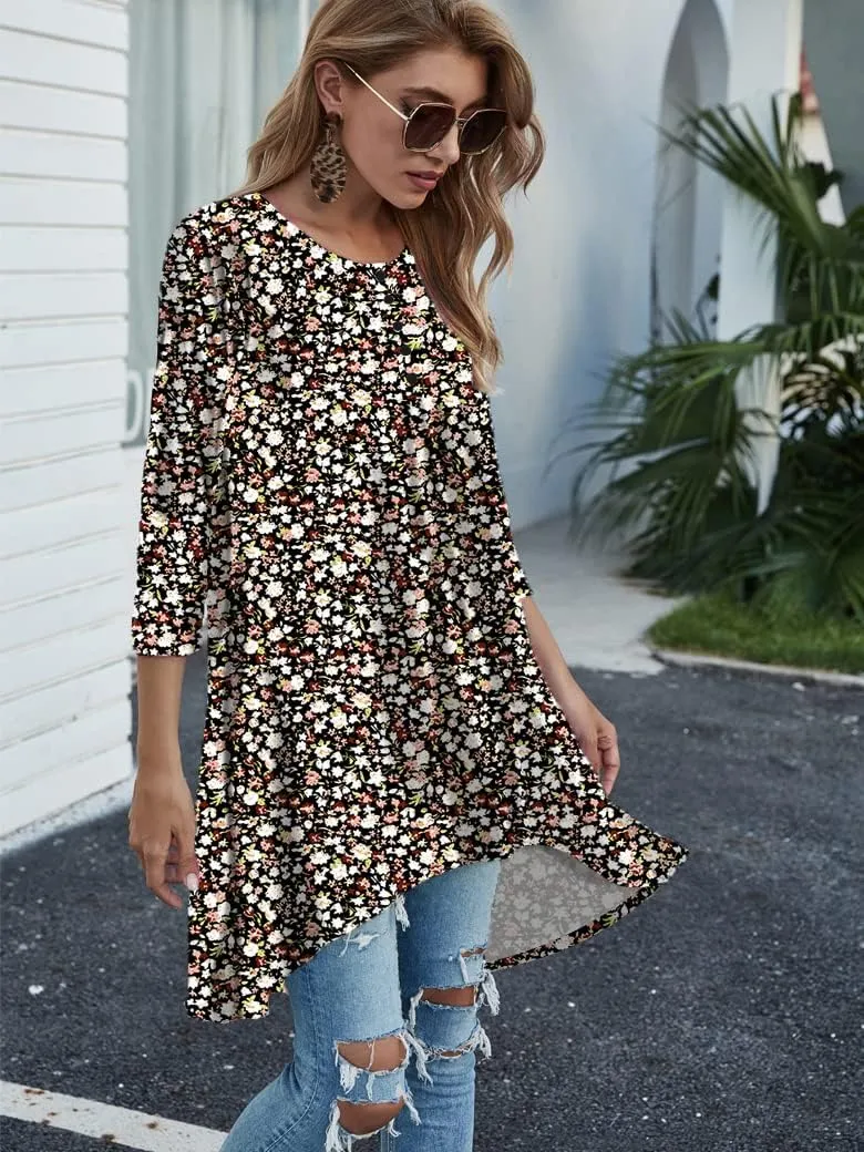 Naggoo Women's 3/4 Sleeve Button V Neck High Low Loose Fit Casual Long Tunic Tops Tee Shirts S-3XL