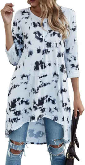 Naggoo Women's 3/4 Sleeve Button V Neck High Low Loose Fit Casual Long Tunic Tops Tee Shirts S-3XL
