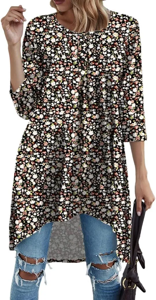 Naggoo Women's 3/4 Sleeve Button V Neck High Low Loose Fit Casual Long Tunic Tops Tee Shirts S-3XL