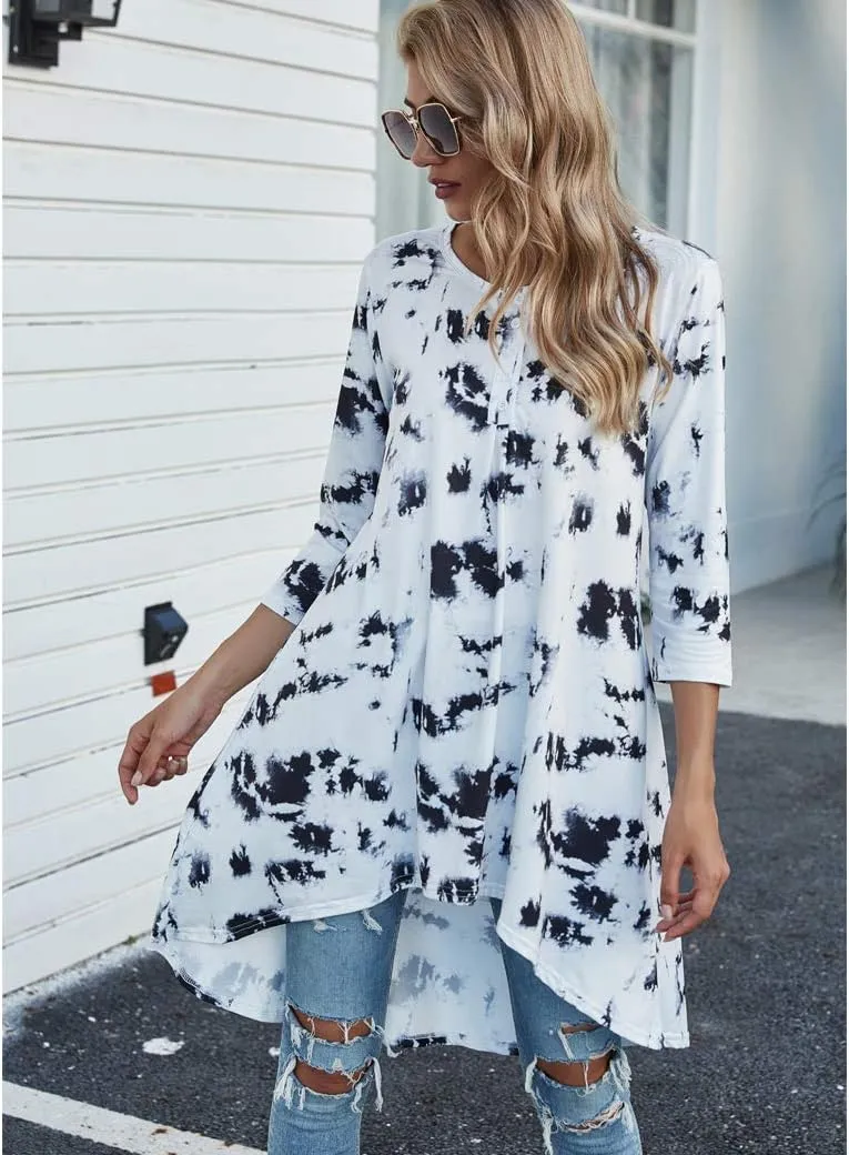 Naggoo Women's 3/4 Sleeve Button V Neck High Low Loose Fit Casual Long Tunic Tops Tee Shirts S-3XL