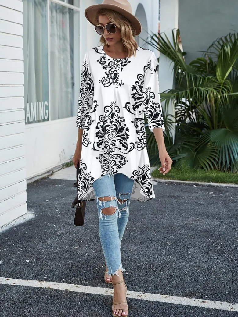 Naggoo Women's 3/4 Sleeve Button V Neck High Low Loose Fit Casual Long Tunic Tops Tee Shirts S-3XL