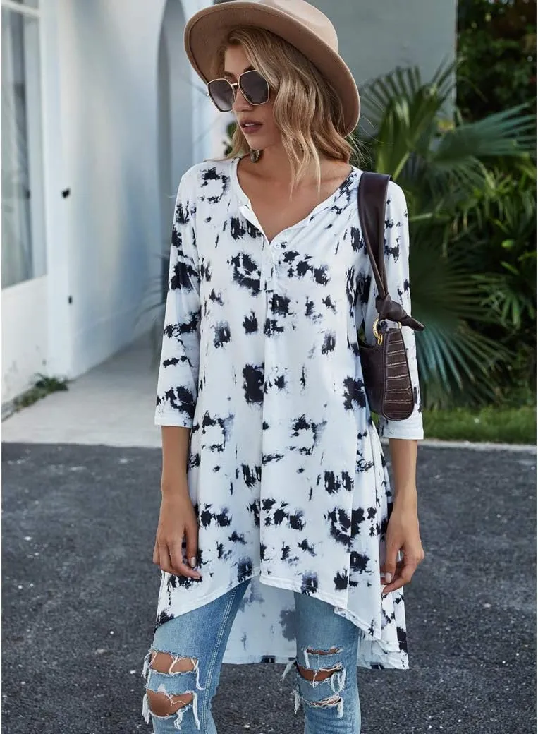 Naggoo Women's 3/4 Sleeve Button V Neck High Low Loose Fit Casual Long Tunic Tops Tee Shirts S-3XL