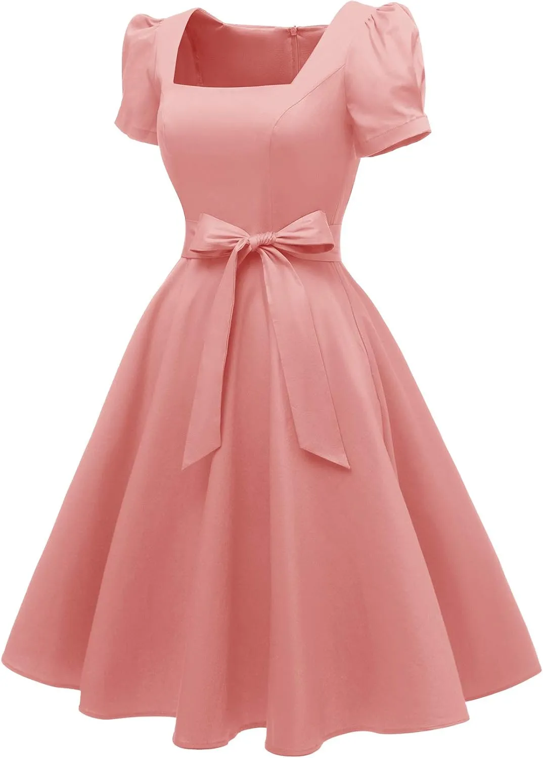 OBBUE Women's Square Neck Dress Vintage 1950s Cocktail Party Dress with Puff Sleeves