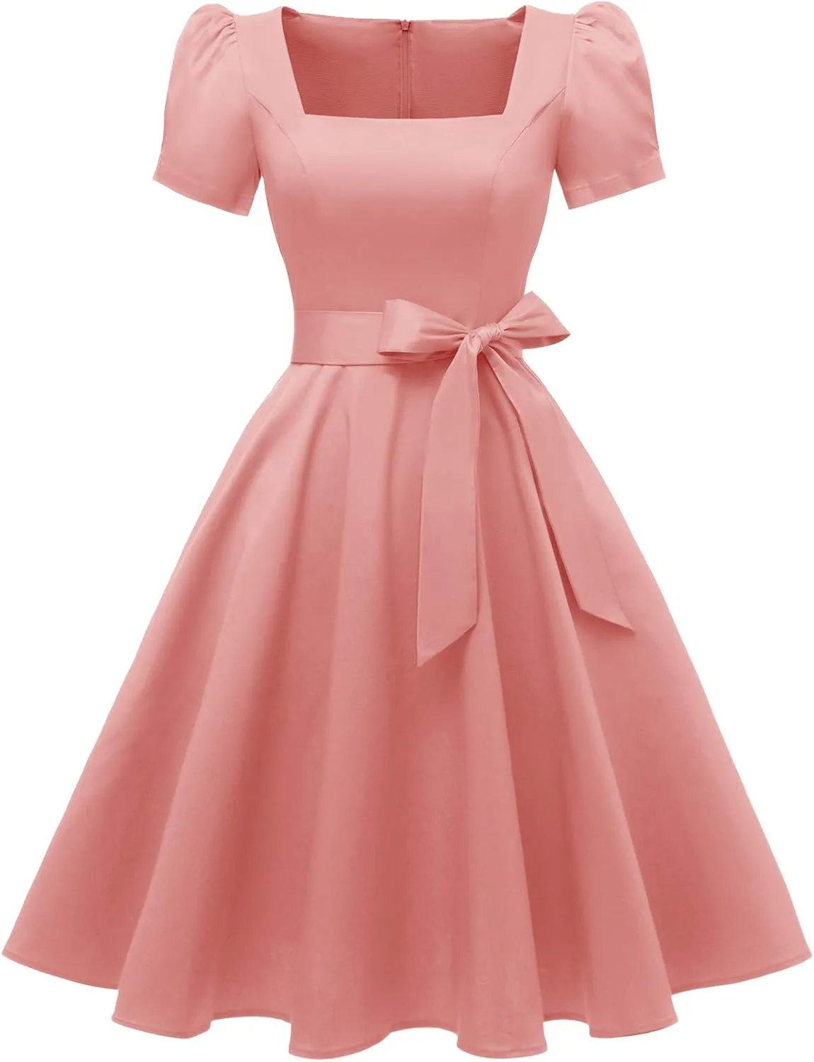 OBBUE Women's Square Neck Dress Vintage 1950s Cocktail Party Dress with Puff Sleeves