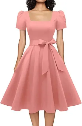 OBBUE Women's Square Neck Dress Vintage 1950s Cocktail Party Dress with Puff Sleeves