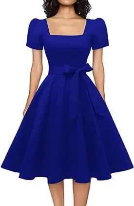OBBUE Women's Square Neck Dress Vintage 1950s Cocktail Party Dress with Puff Sleeves