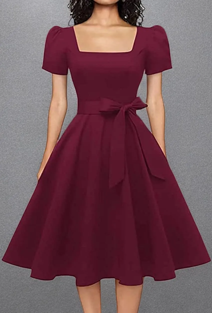 OBBUE Women's Square Neck Dress Vintage 1950s Cocktail Party Dress with Puff Sleeves