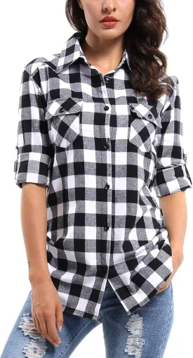 OCHENTA Women's Roll Up Sleeve Button Down Plaid Flannel Shirt Fall Casual Tops