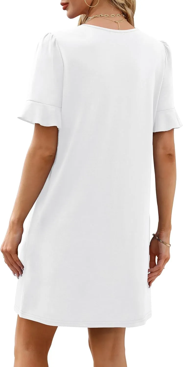 OFEEFAN Summer Dresses for Women Ruffle Short Sleeve V Neck Casual Shift Dress with Pockets