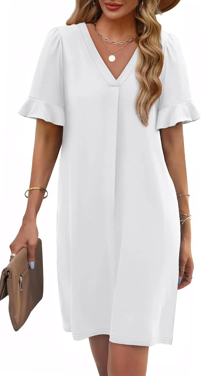 OFEEFAN Summer Dresses for Women Ruffle Short Sleeve V Neck Casual Shift Dress with Pockets