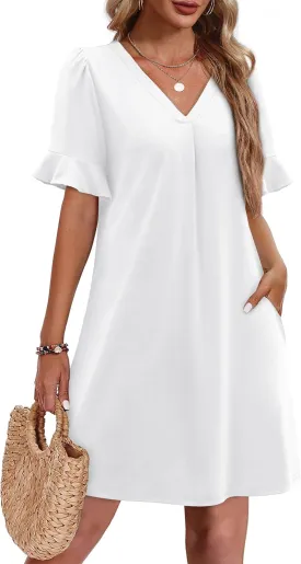 OFEEFAN Summer Dresses for Women Ruffle Short Sleeve V Neck Casual Shift Dress with Pockets