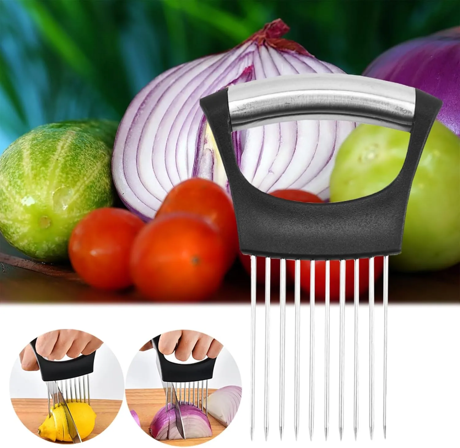 Onion Holder for Slicing, 2025 Upgraded Stainless Steel Lemon Slicer Onion Cutter, Vegetable Cutter Kitchen Chopper Slicing Assistant Tool for Potato and Tomato Avocados Eggs Meat (1)