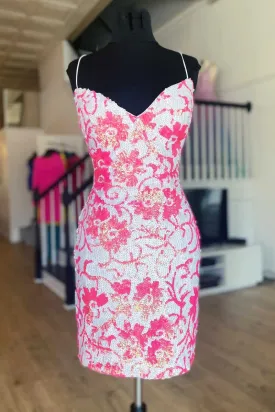 Pink V Neck Sequins Bodycon Short Homecoming Dresses Mini Cocktail Dress VK24032705