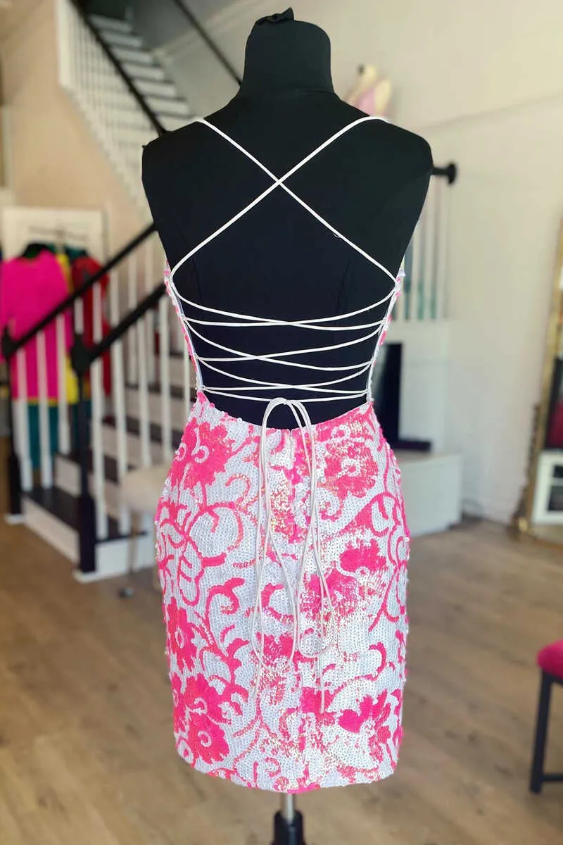 Pink V Neck Sequins Bodycon Short Homecoming Dresses Mini Cocktail Dress VK24032705